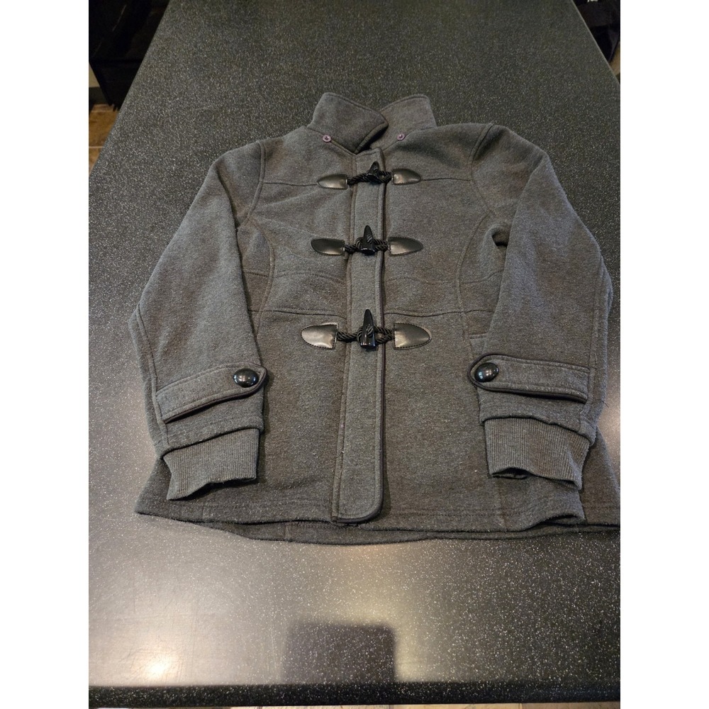 Free Spirit Women's PL Gray Fleece Toggle Coat Jacket Faux Leather Trim Hoodless